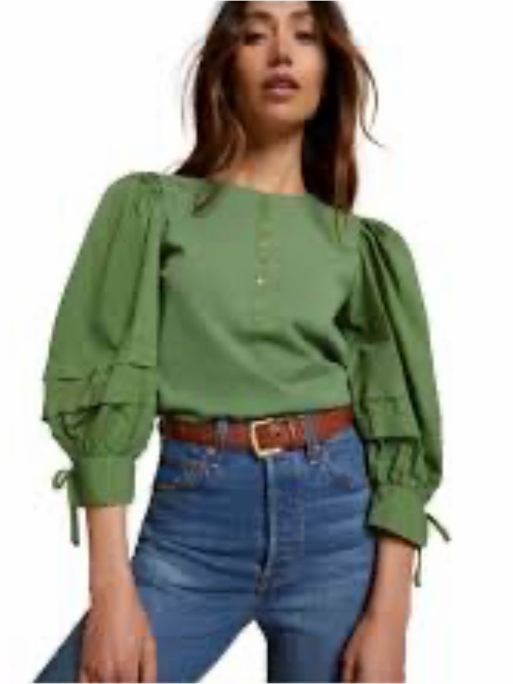 Nation LTD Green Puff-Sleeve Henley Blouse
